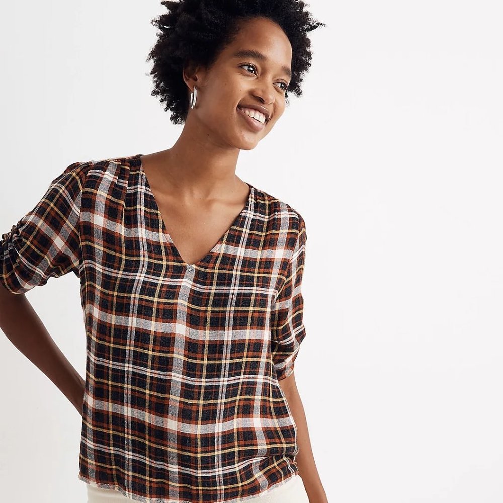 Madewell Plaid Cinch-Sleeve Top